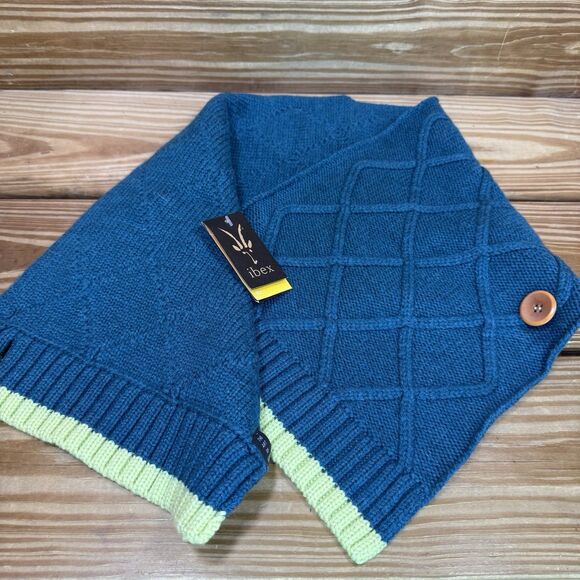 Ibex Button Scarf Merino Wool Teal / Lime Green Short Wrap Scarf Winter Wear - Picture 3 of 5